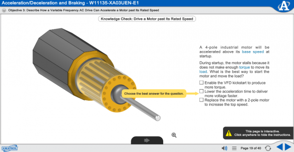 990-DRV1 eLearning Curriculum Sample Showing a Multiple Choice Question About a Motor and Rated Speed