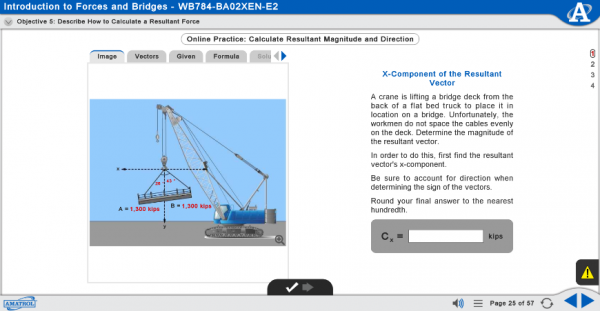 MB784 eLearning Curriculum Sample Showing an Online Practice Exercise for Calculating the X-Component of a Resultant Vector