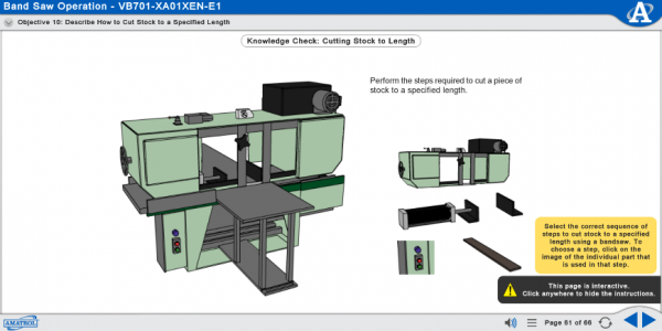 96-MP1 eLearning Curriculum Sample Showing an Interaction Where Learners Select the Correct Sequence of Steps to Cut Stock to Length Using a Band Saw