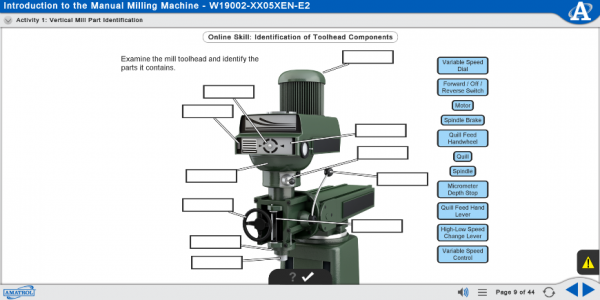 M19002 eLearning Curriculum Sample Showing an Activity Where Learners are Asked to Identify a Vertical Mill's Toolhead Components